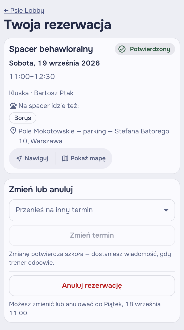 Strona klienta z rezerwacją: przeniesienie na inny termin albo odwołanie, bez logowania